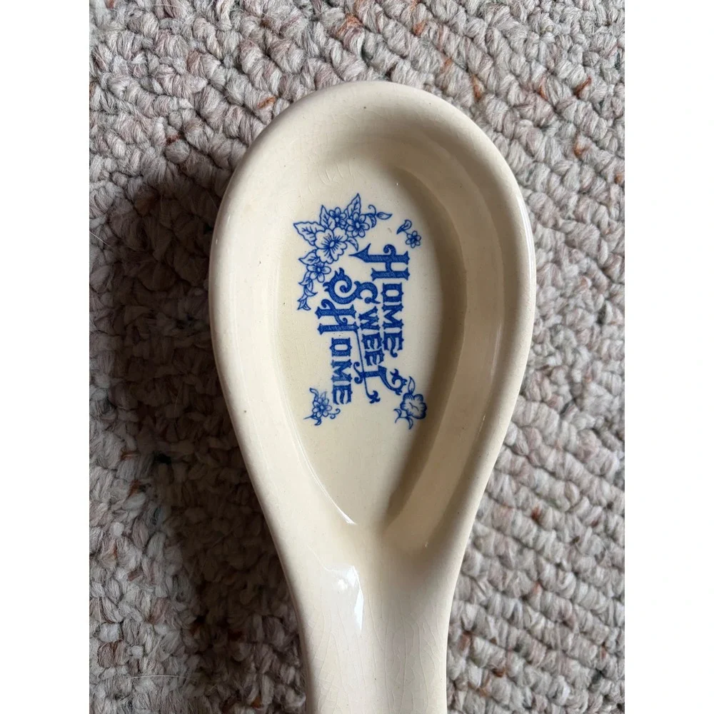 Vintage Home Sweet Home Ceramic Spoon Rest Blue Cream Brown Drip Glaze Farmhouse